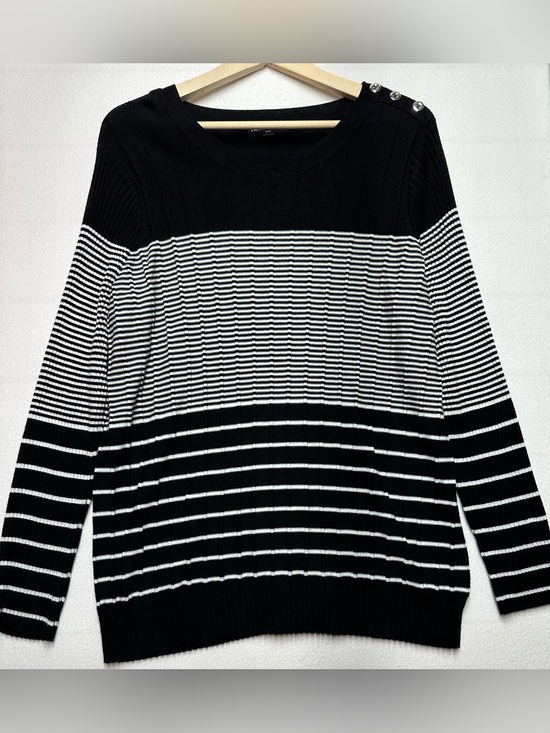 Lane Bryant Sweaters - Lane Bryant 26/28 Black White Striped Ribbed Button Shoulder Sweater
